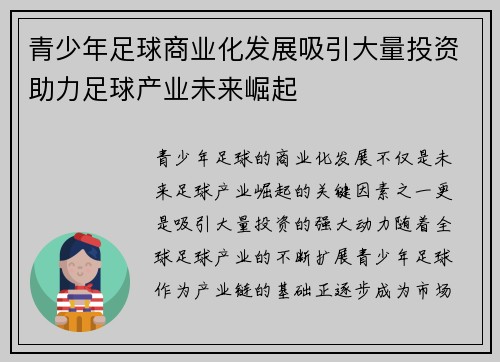 青少年足球商业化发展吸引大量投资助力足球产业未来崛起 青少年足球商业化发展吸引大量投资助力足球产业未来崛起